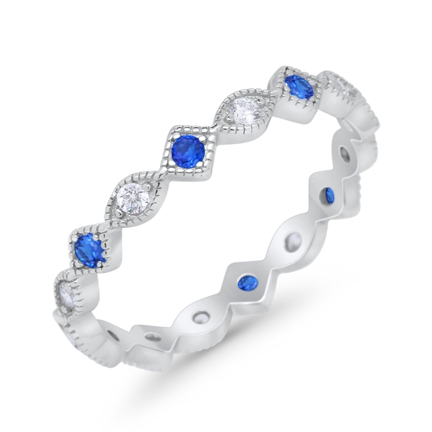 Full Eternity Wedding Band Ring Marquise Round  Simulated Blue Sapphire CZ