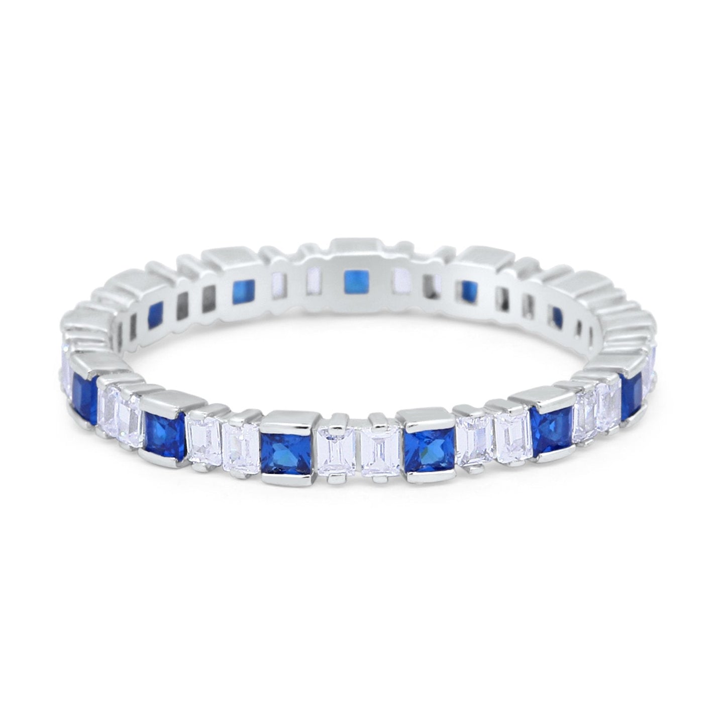 Baguette Princess Full Eternity Wedding Band Ring Simulated Blue Sapphire CZ