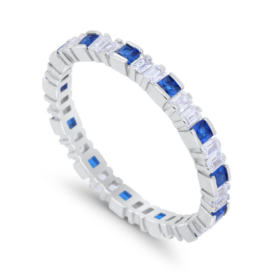 Baguette Princess Full Eternity Wedding Band Ring Simulated Blue Sapphire CZ