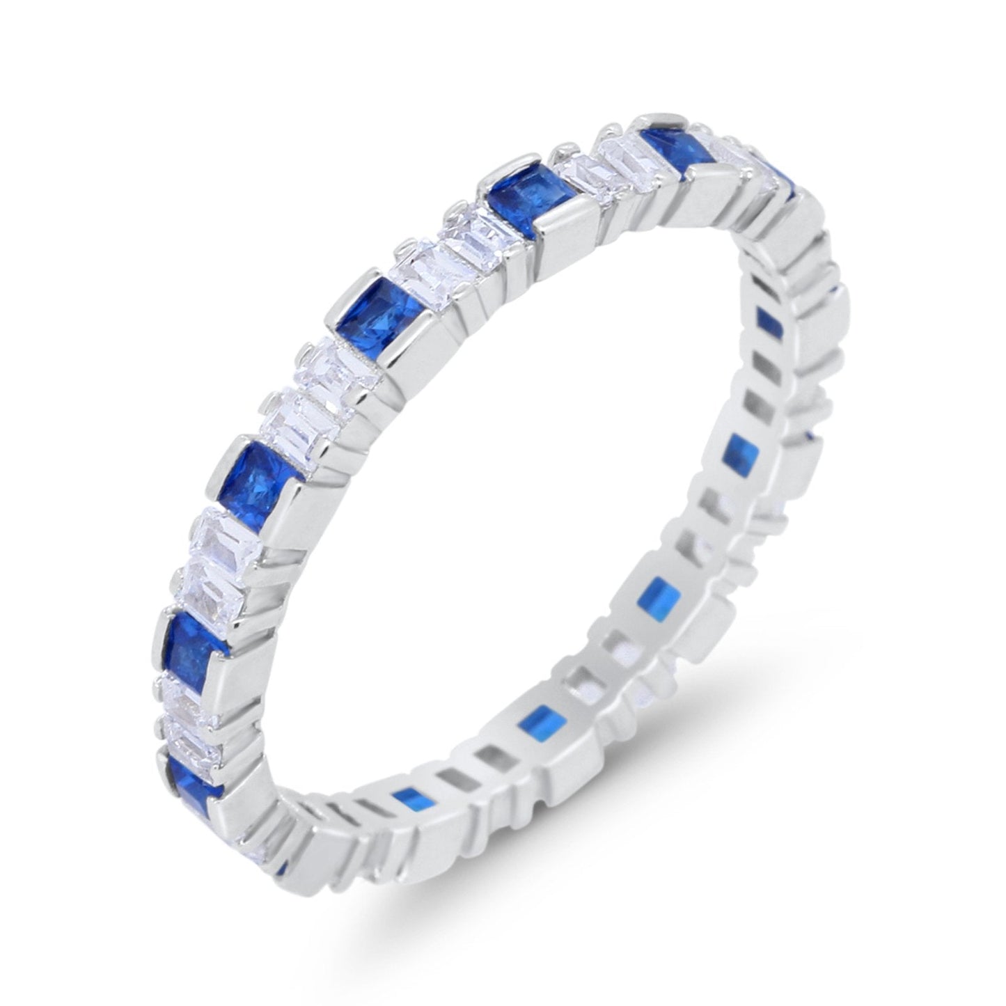 Baguette Princess Full Eternity Wedding Band Ring Simulated Blue Sapphire CZ