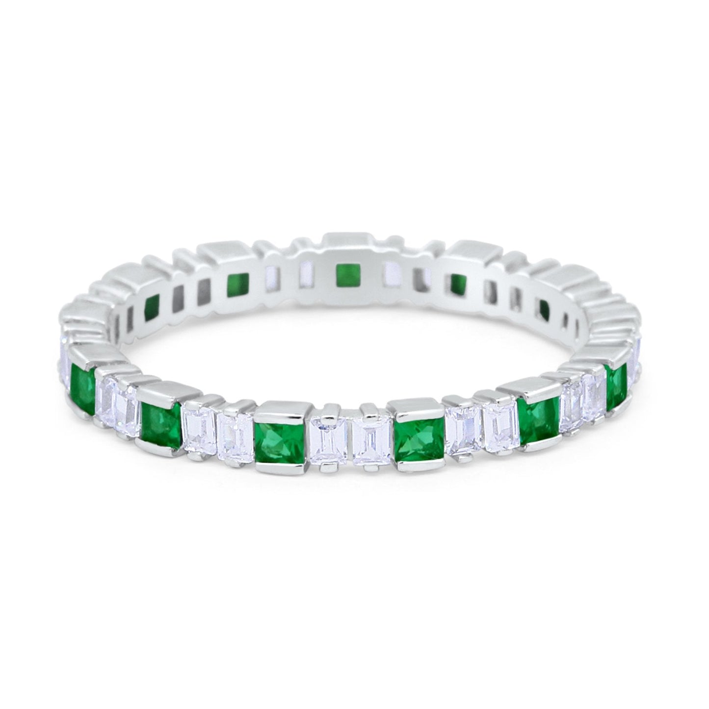 Baguette Princess Full Eternity Wedding Band Ring Round Simulated Green Emerald CZ