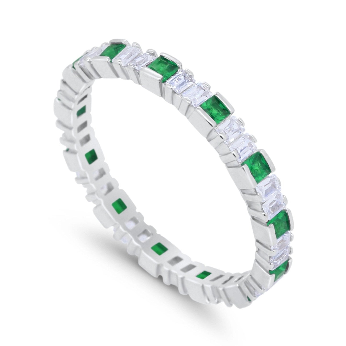 Baguette Princess Full Eternity Wedding Band Ring Round Simulated Green Emerald CZ