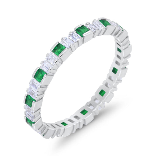 Baguette Princess Full Eternity Wedding Band Ring Round Simulated Green Emerald CZ