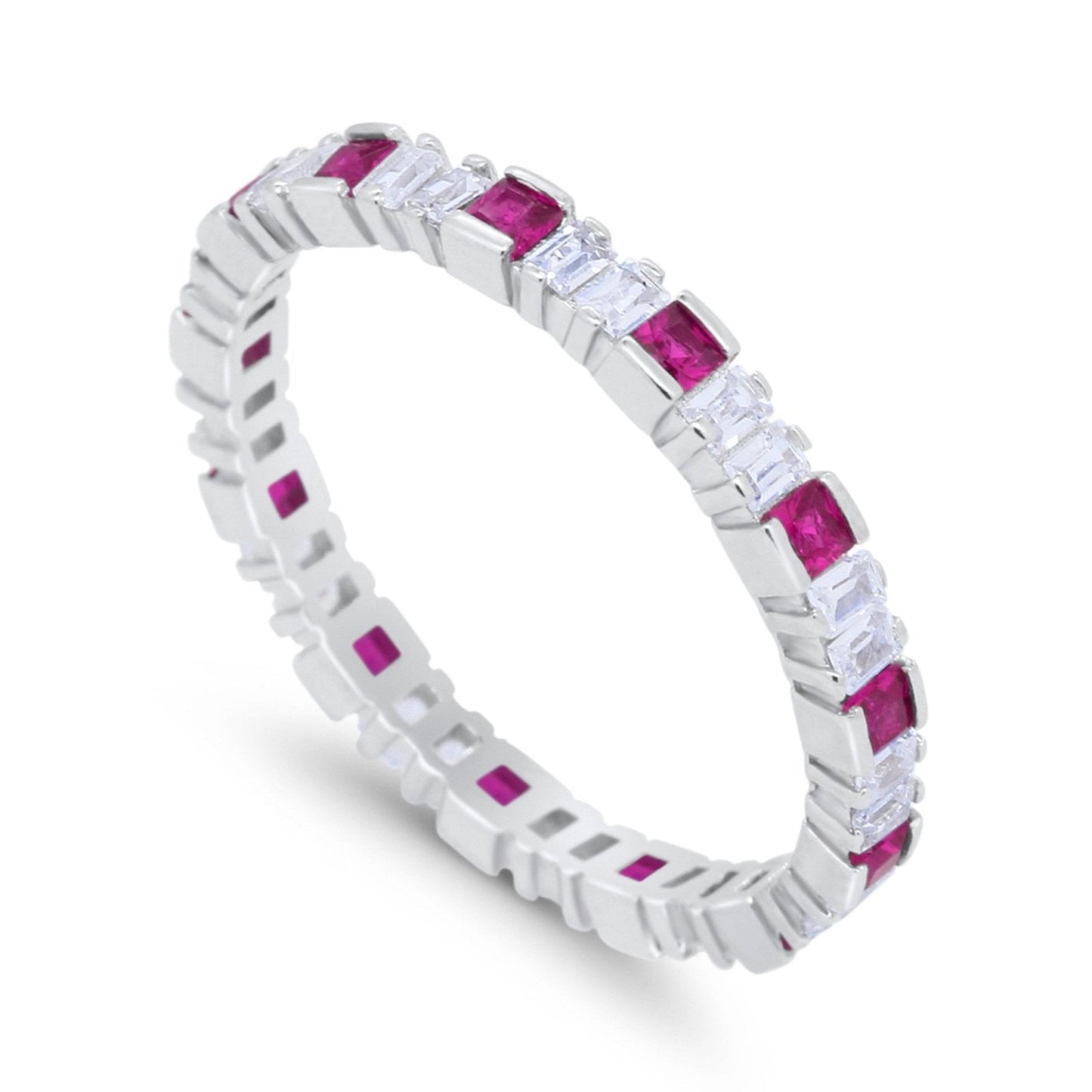 Baguette Princess Full Eternity Wedding Band Ring Round Simulated  Ruby CZ