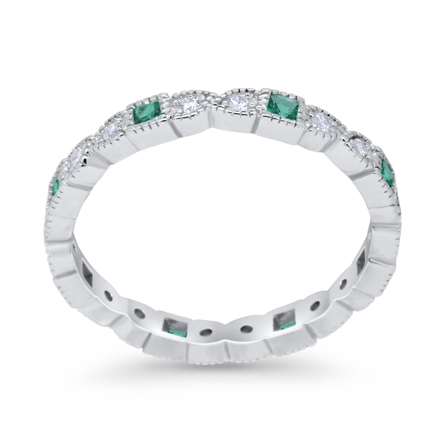 Eternity Bands Art Deco Wedding Ring Simulated Green Emerald CZ