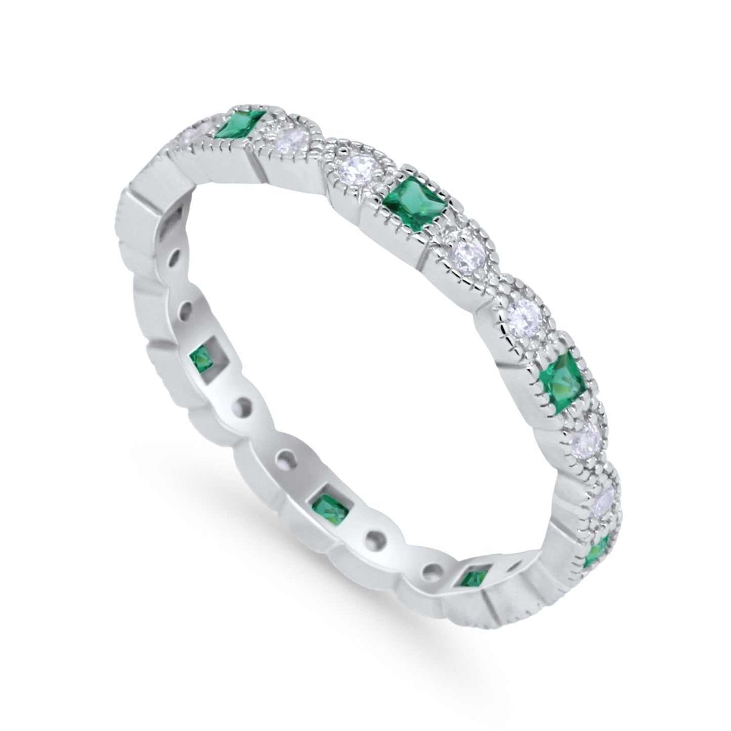 Eternity Bands Art Deco Wedding Ring Simulated Green Emerald CZ