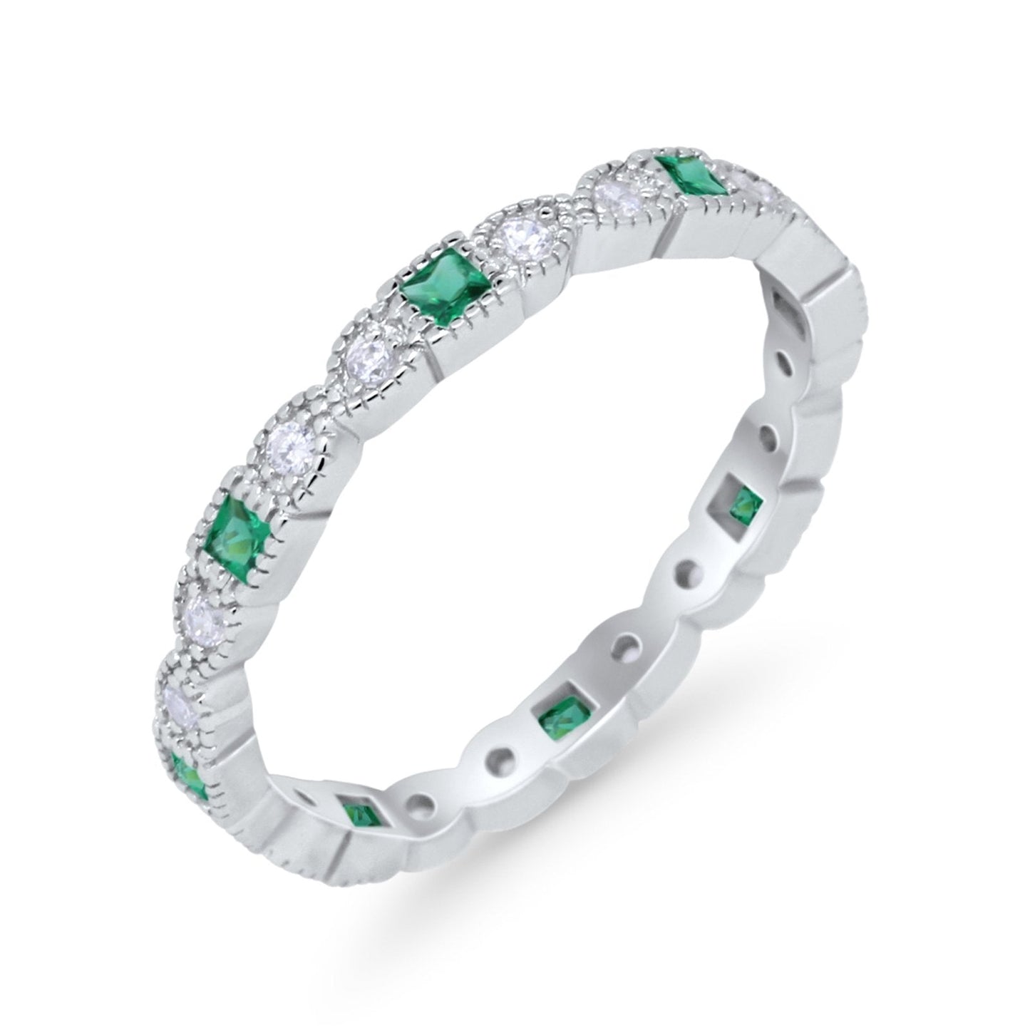 Eternity Bands Art Deco Wedding Ring Simulated Green Emerald CZ