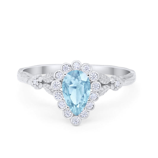 Teardrop Simulated Aquamarine CZ Engagement Ring