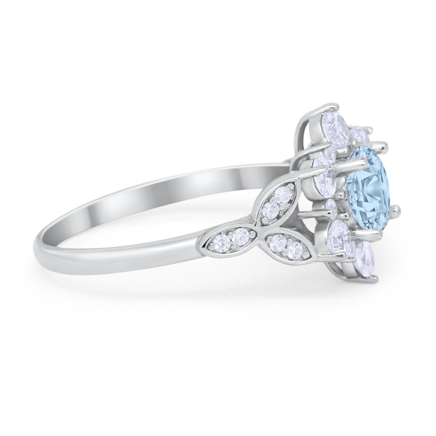 Floral Wedding Cluster Ring Simulated Aquamarine CZ