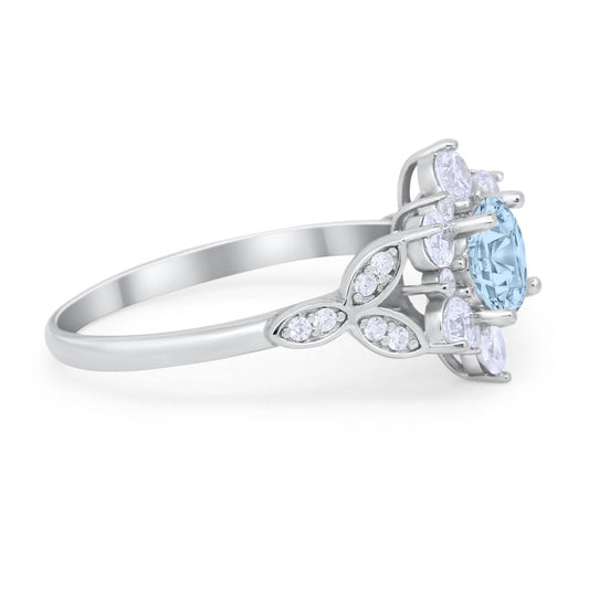 Floral Wedding Cluster Ring Simulated Aquamarine CZ