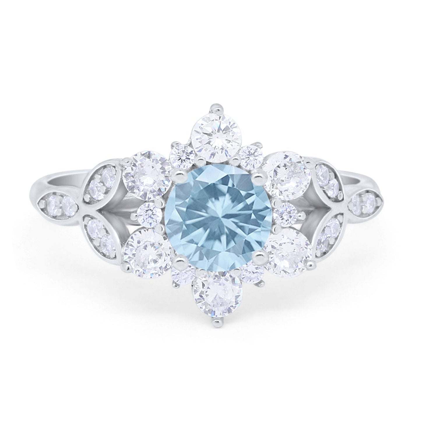 Floral Wedding Cluster Ring Simulated Aquamarine CZ