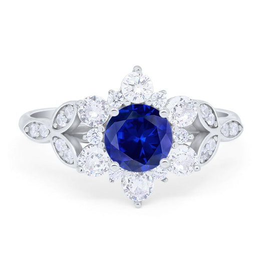 Floral Wedding Cluster Ring Simulated Blue Sapphire CZ