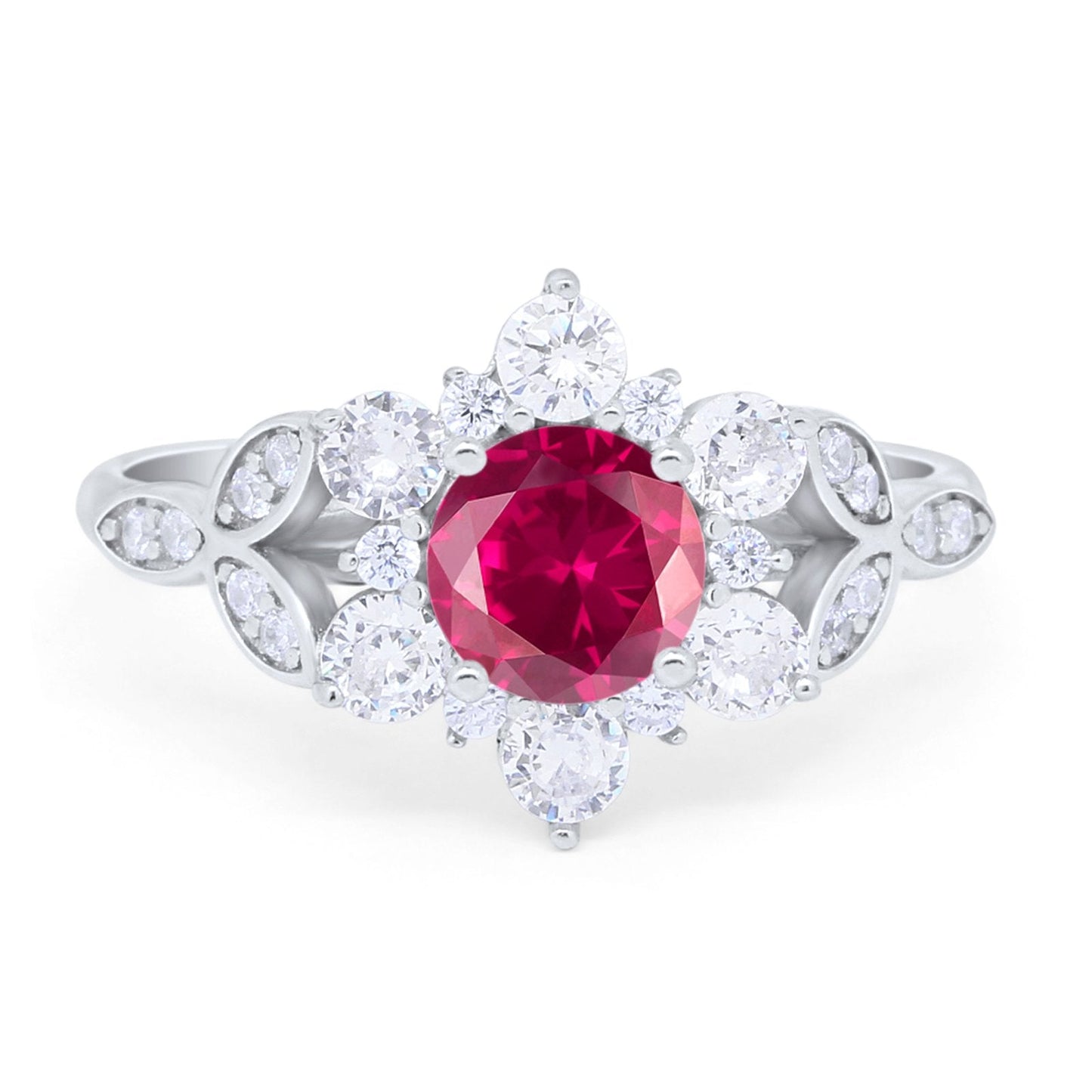 Floral Wedding Cluster Ring Simulated Ruby CZ