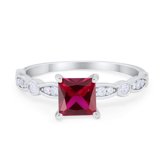 Art Deco Princess Cut Wedding Simulated Ruby CZ Ring