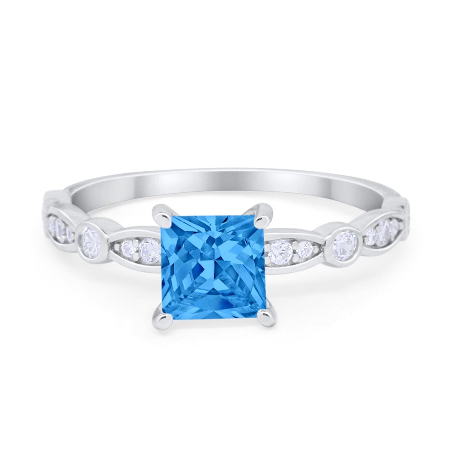 Art Deco Princess Cut Engagement Ring Simulated Blue Topaz CZ