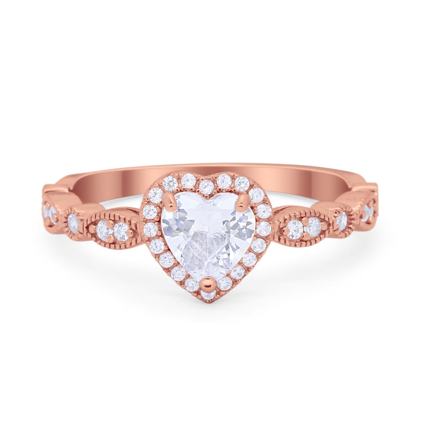 Art Deco Heart Promise Rose Tone, Simulated CZ Wedding Ring