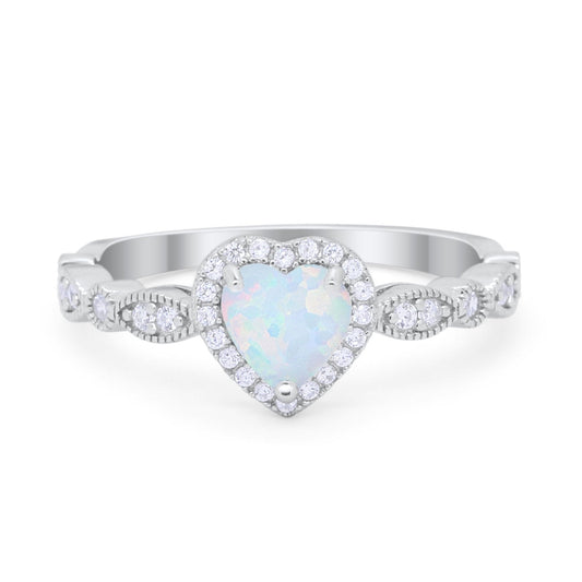 Art Deco Heart Promise Lab Created White Opal Wedding Ring