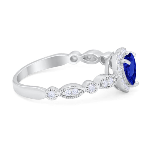 Art Deco Heart Promise Simulated Blue Sapphire CZ Wedding Ring