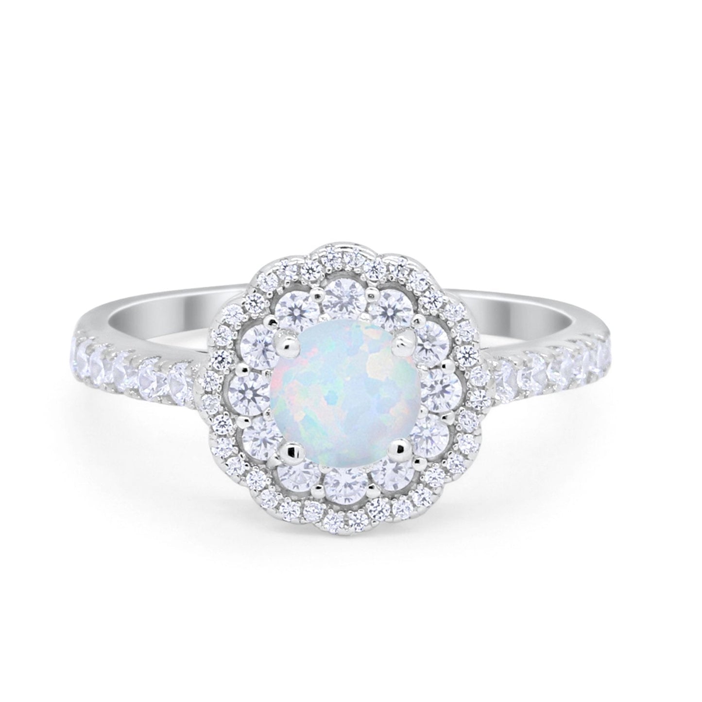 Halo Lab Created White Opal Accent Wedding Ring