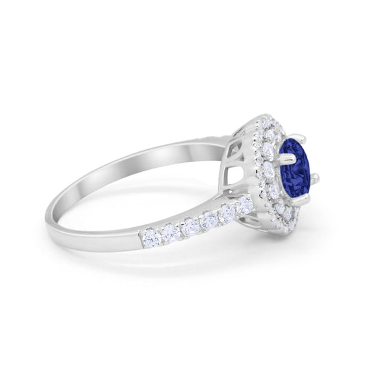 Art Deco Halo Simulated Blue Sapphire CZ Accent Wedding Ring