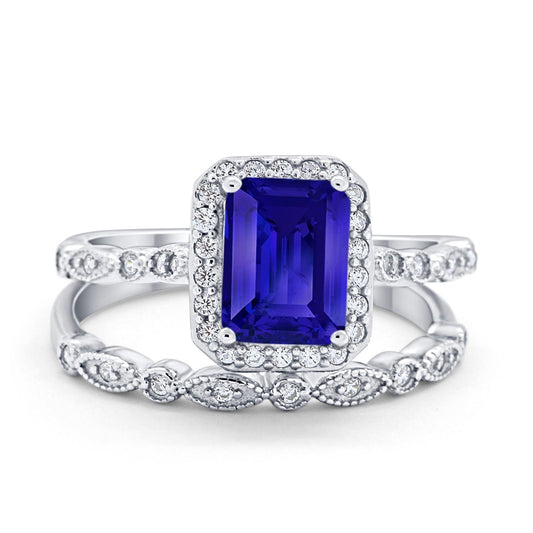 Two Piece Emerald Cut Ring Wedding Simulated Blue Sapphire CZ