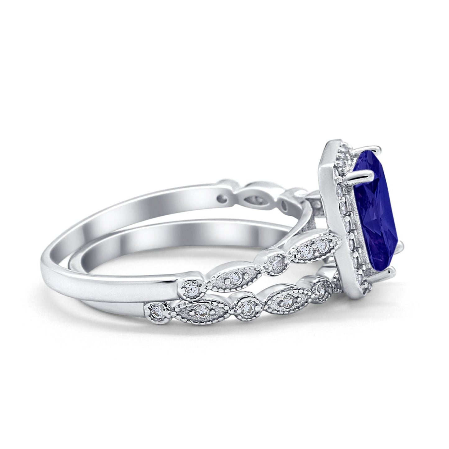 Two Piece Emerald Cut Ring Wedding Simulated Blue Sapphire CZ