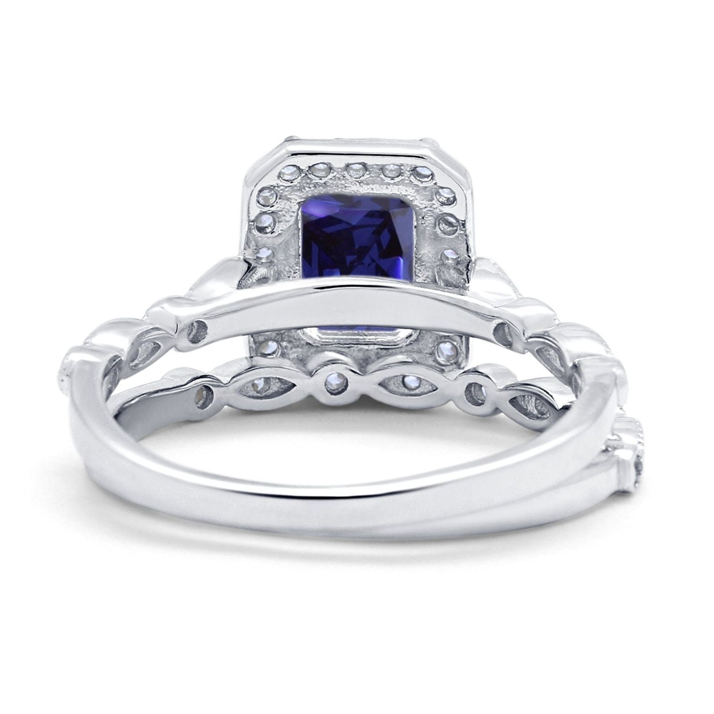 Two Piece Emerald Cut Ring Wedding Simulated Blue Sapphire CZ