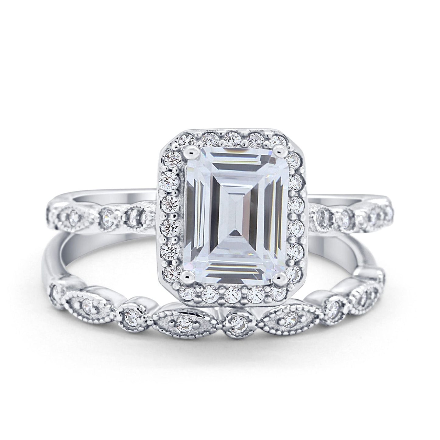 Two Piece Emerald Cut Ring Wedding Simulated Cubic Zirconia