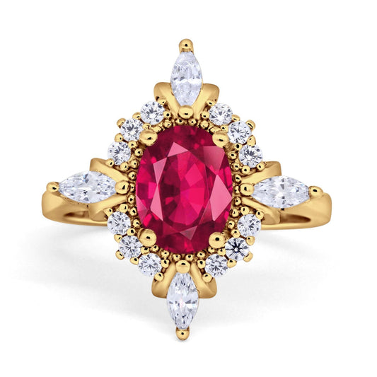 Vintage Wedding Ring Oval Yellow Tone, Simulated Ruby CZ