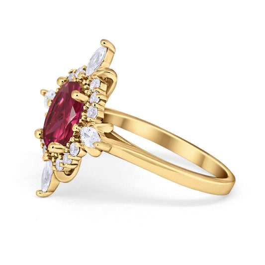 Vintage Wedding Ring Oval Yellow Tone, Simulated Ruby CZ