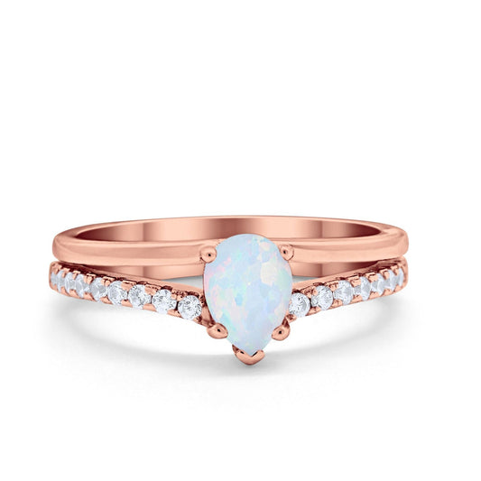 Teardrop Wedding Ring Rose Tone, Lab Created White Opal Accent