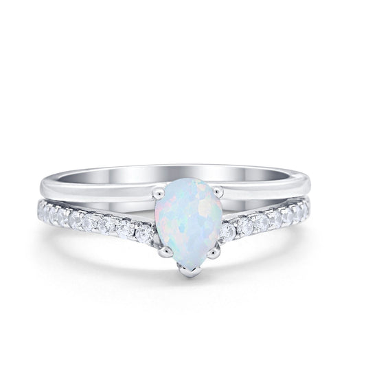 Teardrop Wedding Ring Lab Created White Opal Accent