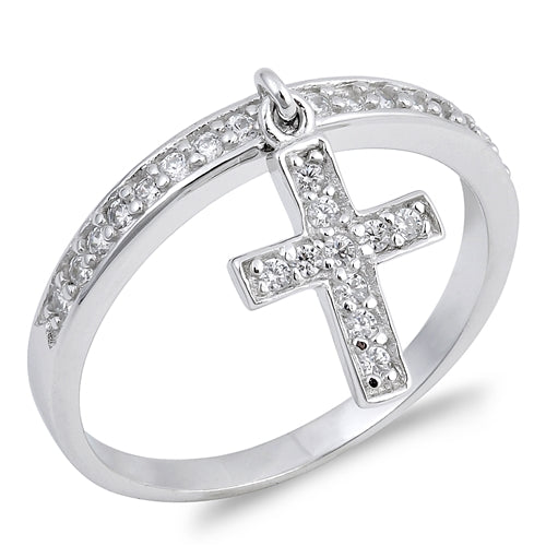 Dangling Cross Round Simulated CZ Wedding Ring