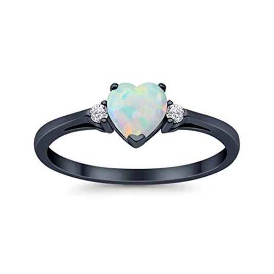 Heart Promise Black Tone, Lab Created White Opal Wedding Ring