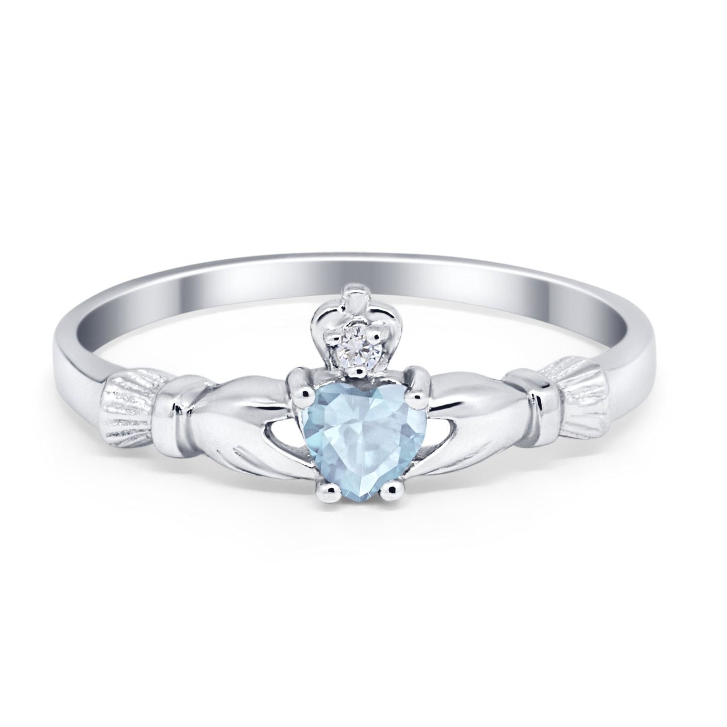 Claddagh Heart Promise Ring Simulated Aquamarine CZ