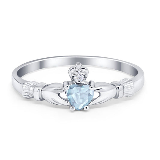 Claddagh Heart Promise Ring Simulated Aquamarine CZ