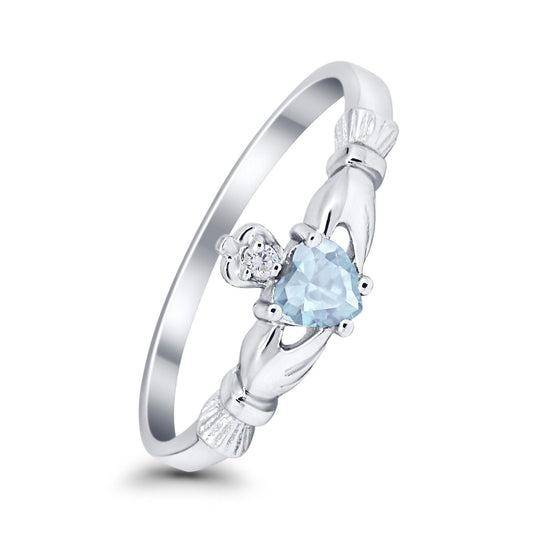 Claddagh Heart Promise Ring Simulated Aquamarine CZ