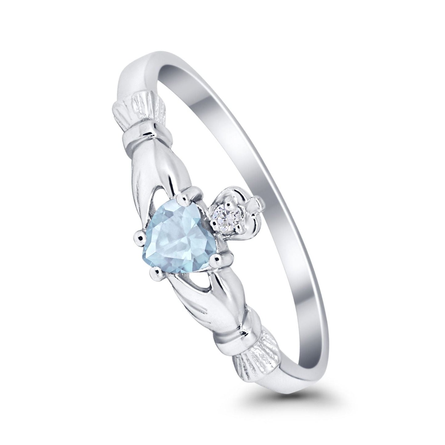 Claddagh Heart Promise Ring Simulated Aquamarine CZ