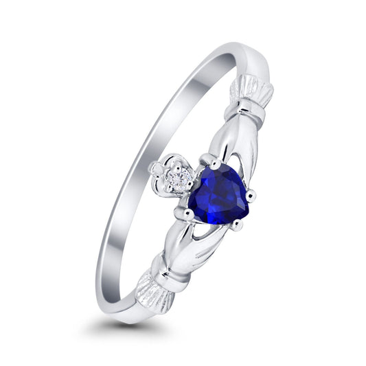 Claddagh Heart Promise Ring Simulated Blue Sapphire CZ