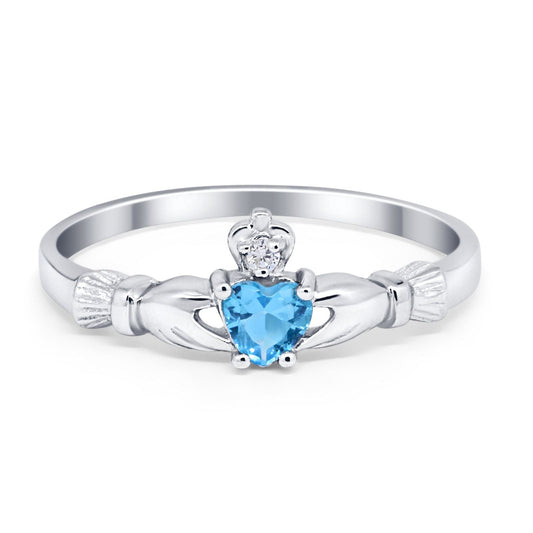 Claddagh Heart Promise Ring Simulated Blue Topaz CZ