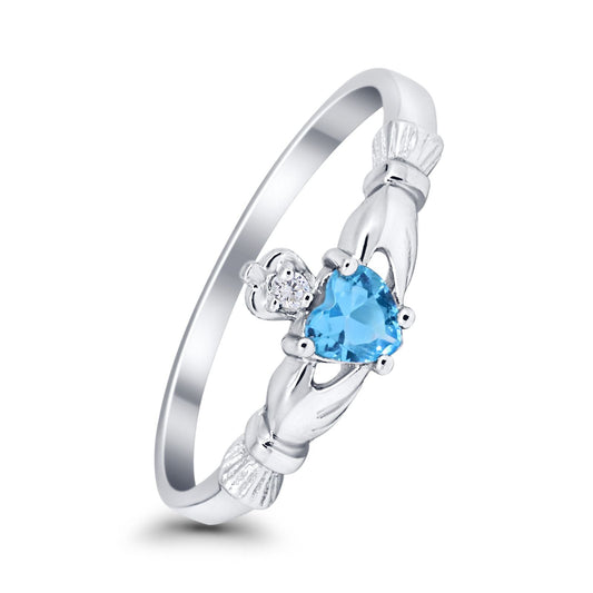 Claddagh Heart Promise Ring Simulated Blue Topaz CZ