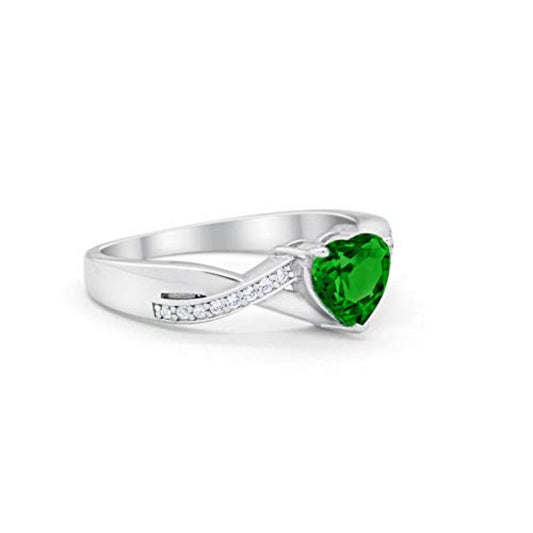 Accent Wedding Ring Heart Shape Simulated Green Emerald CZ Round