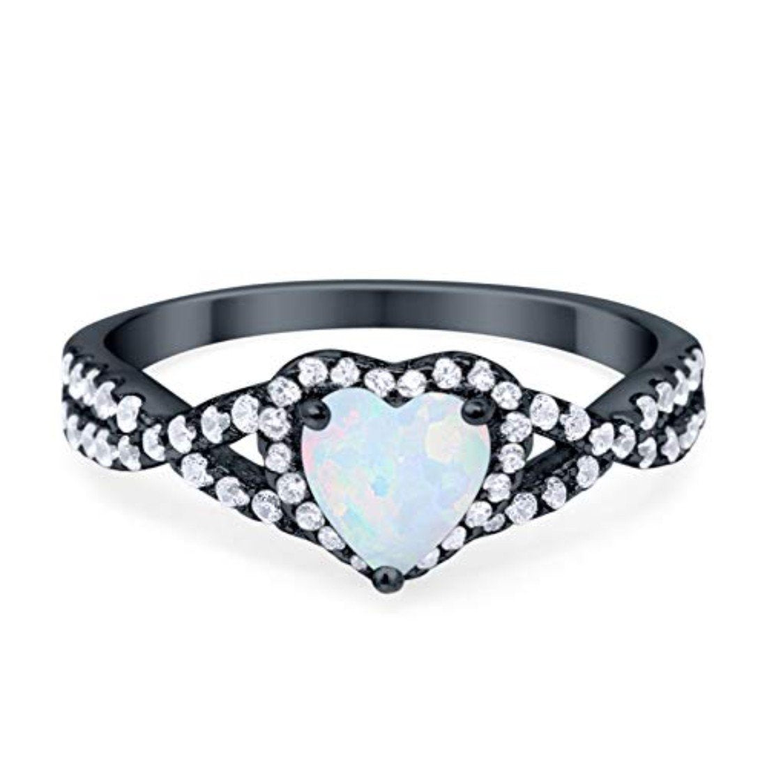 Heart Promise Ring Black Tone, Lab Created White Opal