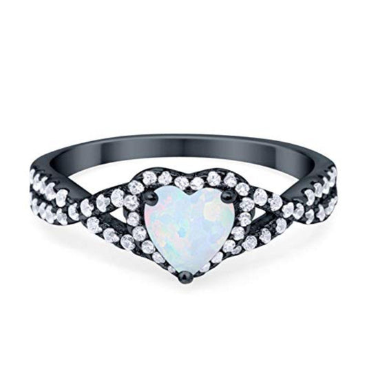 Heart Promise Ring Black Tone, Lab Created White Opal