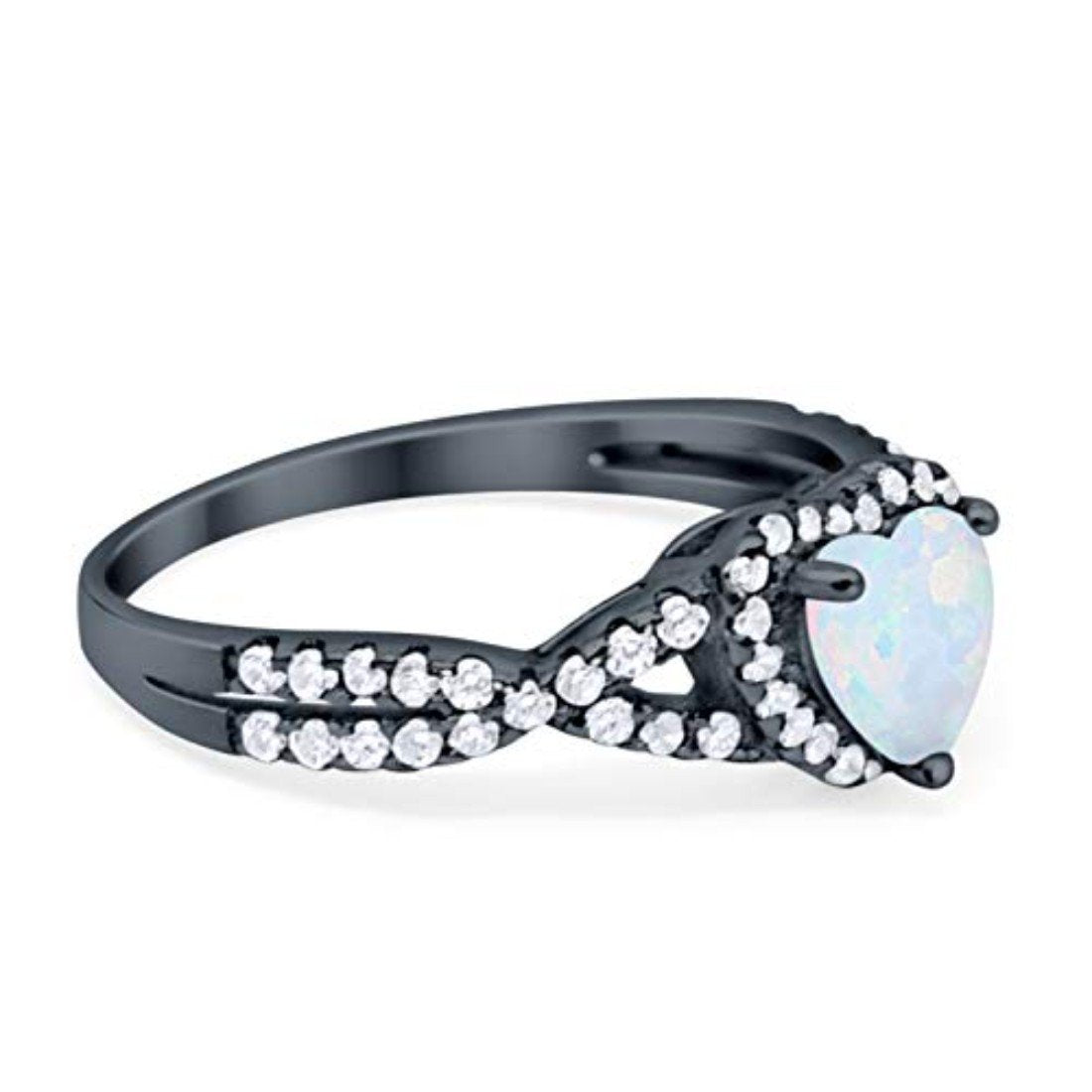 Heart Promise Ring Black Tone, Lab Created White Opal