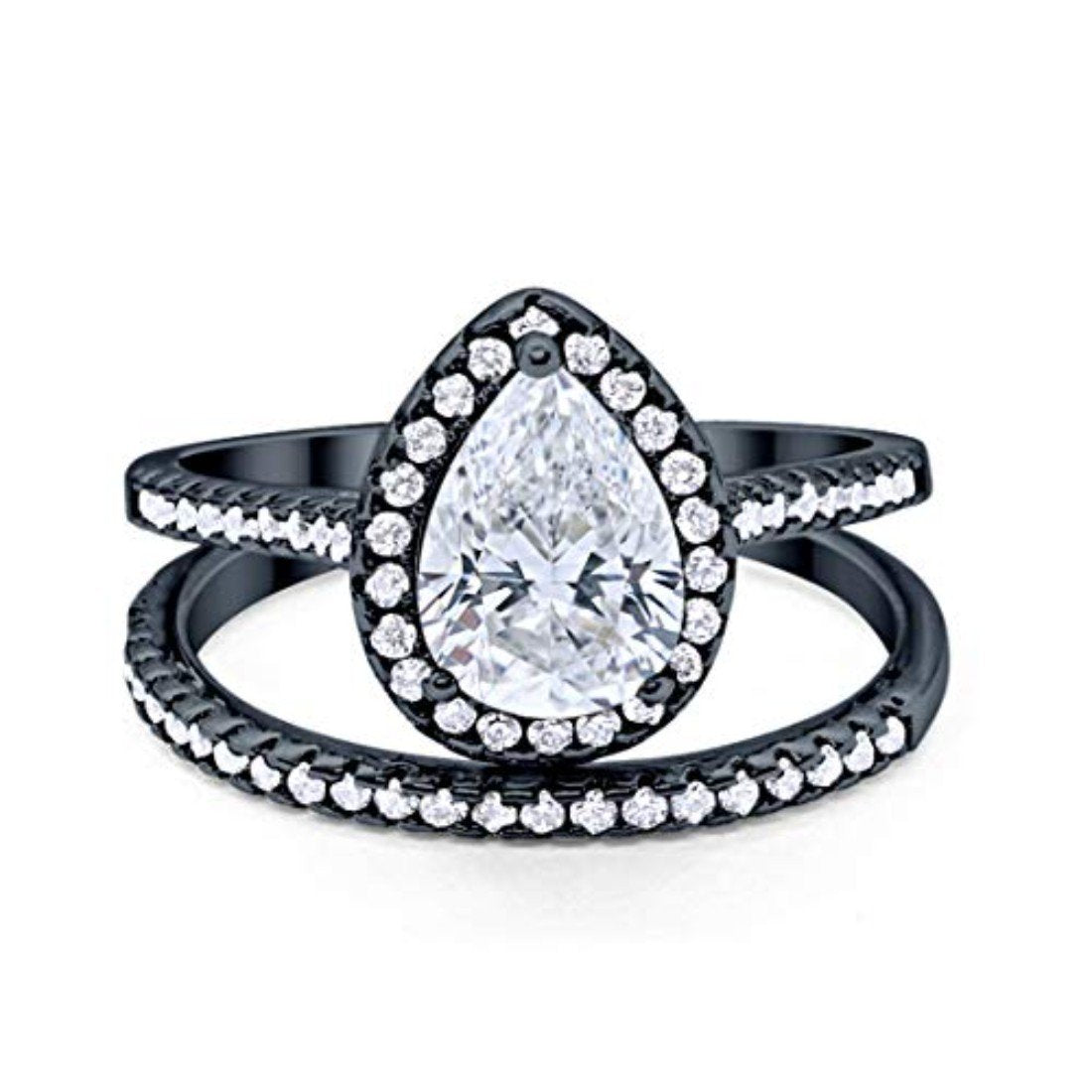 Teardrop Bridal Wedding Piece Ring Black Tone, Simulated CZ