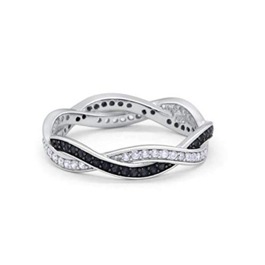 Crisscross Braided Weave Design Band Ring Round Eternity Simulated Black CZ