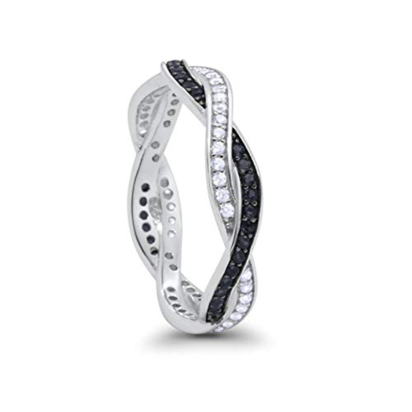 Crisscross Braided Weave Design Band Ring Round Eternity Simulated Black CZ