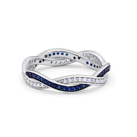 Crisscross Braided Design Band Ring Round Eternity Blue Sapphire CZ