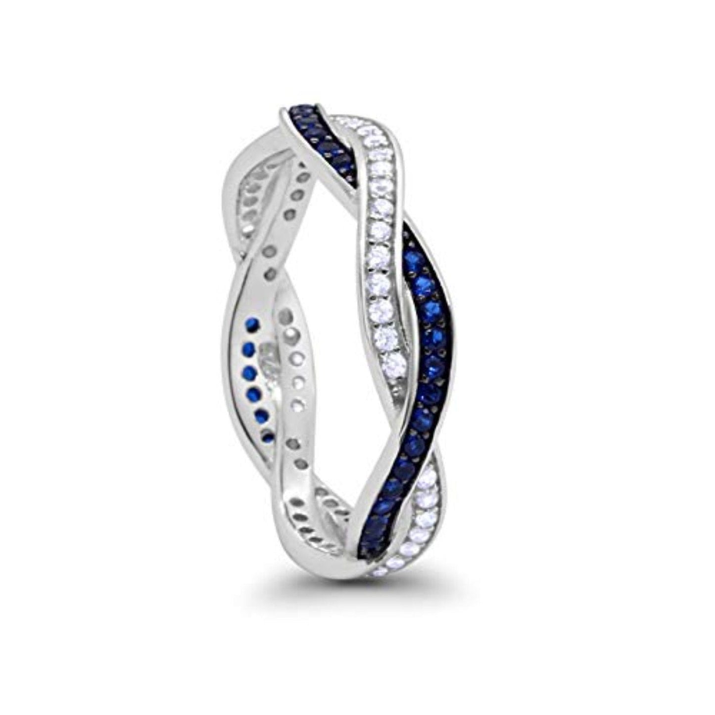 Crisscross Braided Design Band Ring Round Eternity Blue Sapphire CZ